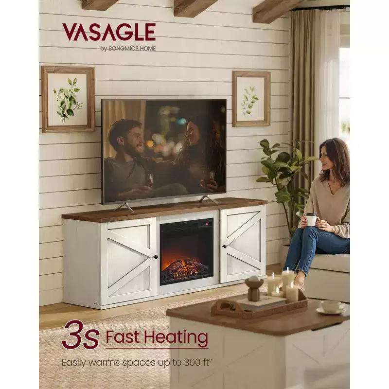 VASAGLE Fireplace TV Stand for TVs up to 80 Inches, 18-Inch ELectric Fireplace with Remote, Media Console Table, Rustic White and Honey Brown