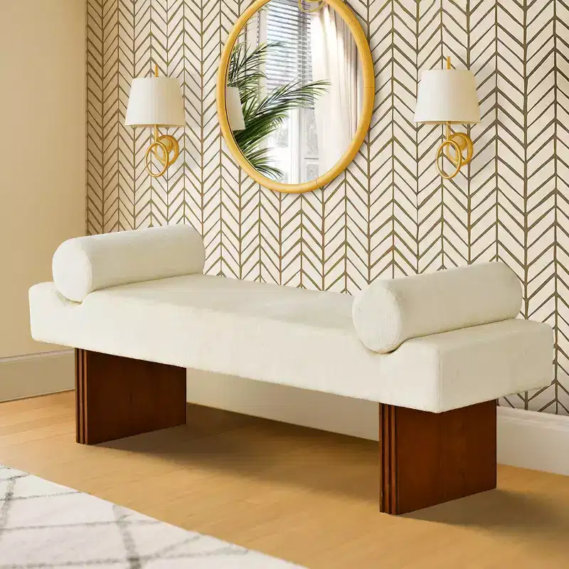 60 Modern Chenille Upholstered Bench with Throw Pillows, Entryway Bench with Padded Seat,End of Bed Bench for Bedroom or Living Room