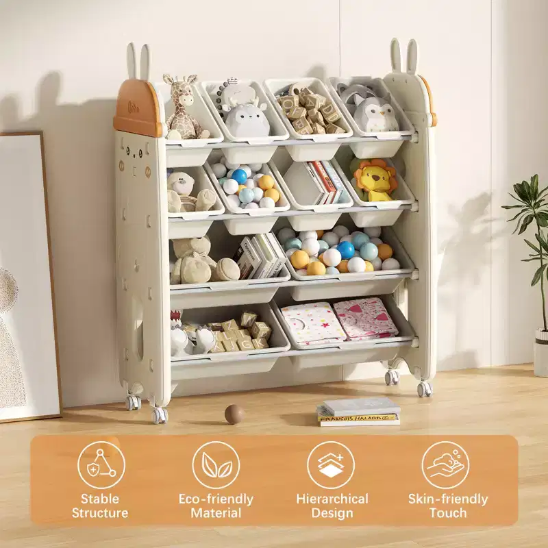 Kids Toy Storage Organizer with 12 Rolling Bins BPA-Free Plastic 4-Tier Playroom Shelf