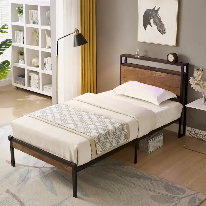 Twin Size Metal Platform Bed with Wooden Headboard & Footboard | USB Charging Port