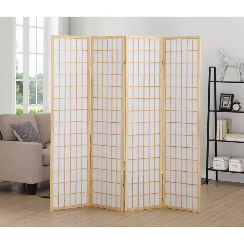 MAYEERTY 4 Panel Room Divider Privacy for Home Office Natural Wood Paper