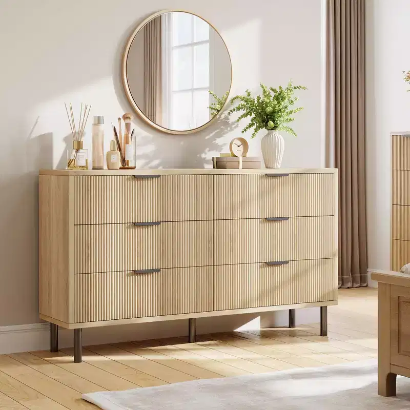 Fluted 6 Drawer Dresser, Wide Wood Double Dresser with Metal Legs and Handles, Modern Chest of Drawers with Anti-Tipping Design