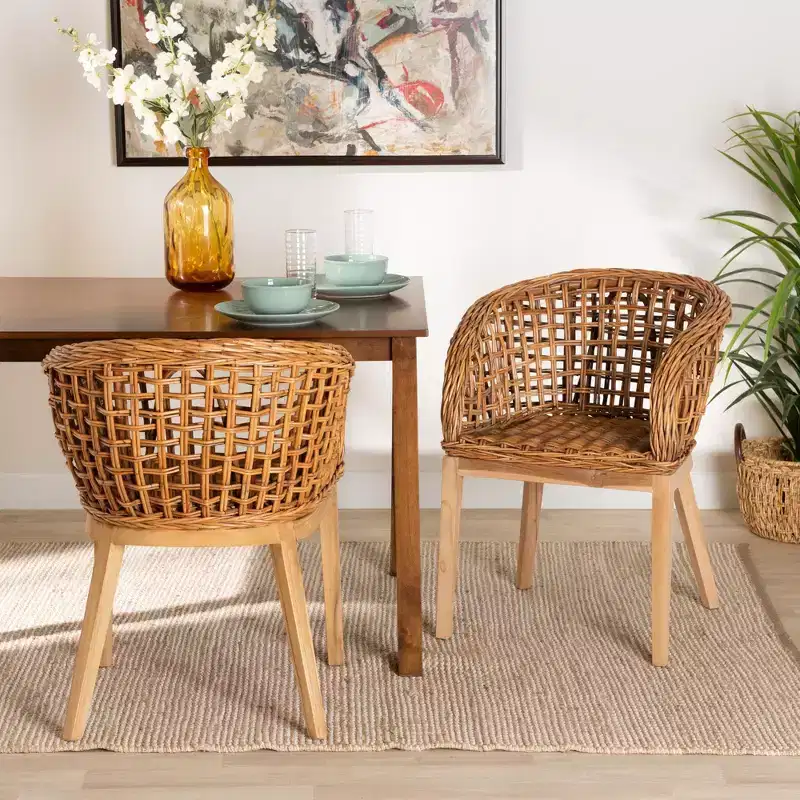 bali & pari Mario Modern Bohemian Natural Brown Finished Teak Wood and Rattan 2-Piece Dining Chair Set