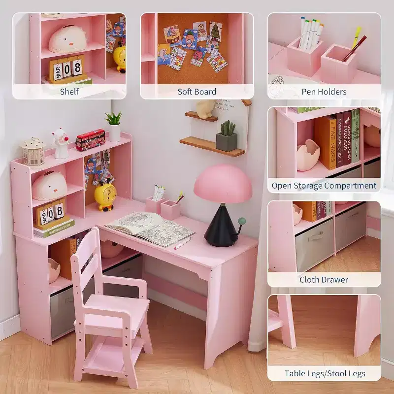 Acekool Kids L-Shaped Corner Desk and Chair Set, Study Table with Bulletin Board, Open Shelves, Storage Cabinets & Cloth Drawers, White
