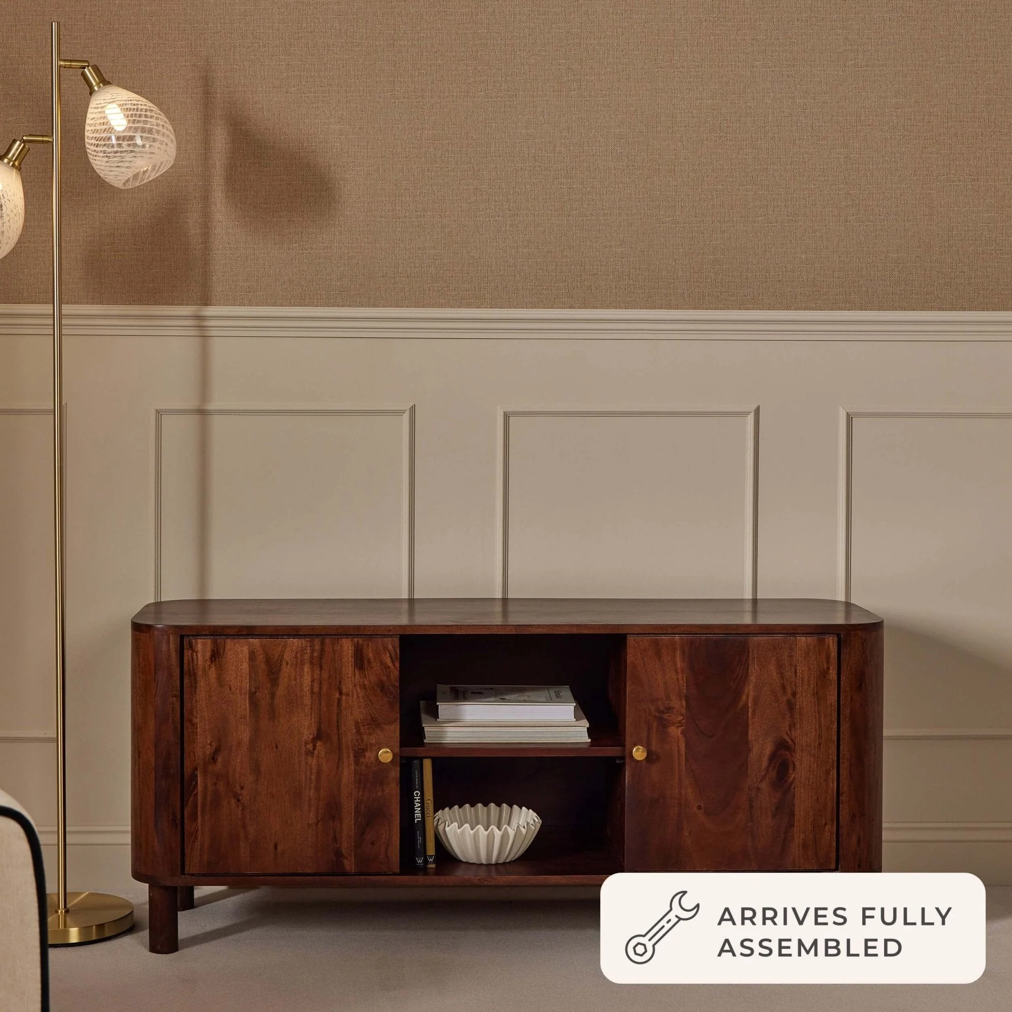 Organic Walnut Acacia Wood TV Unit with Open Shelving for TVs up to 50 Inch for Living Room