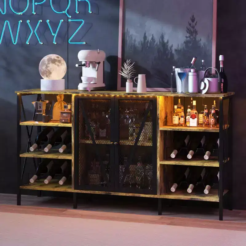 Farmhouse Wine Bar Cabinet, Industrial Coffee Bar Sideboard with Wine Rack and Glass Holder