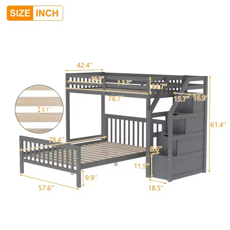 Solid Wood Twin over Full Bunk Bed with 3 Storage, Wooden Loft Bed and Platform Bed Frame, Can be Separated into 2 Beds
