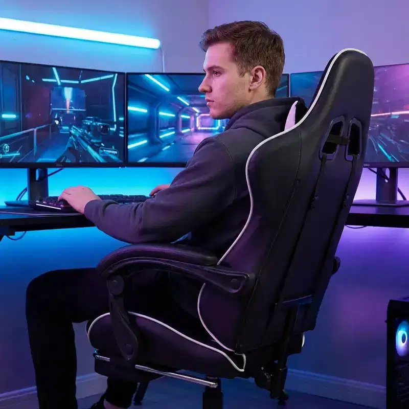 Racing Style Gaming Chair, Ergonomic E-sports Chair with Massage, PU Leather, High-Density Molded Foam, Comfortable & Safe, White