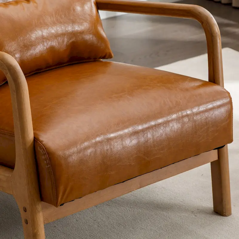 Upholstered Linen Blend Accent Chair with Wooden Legs and One Pillow