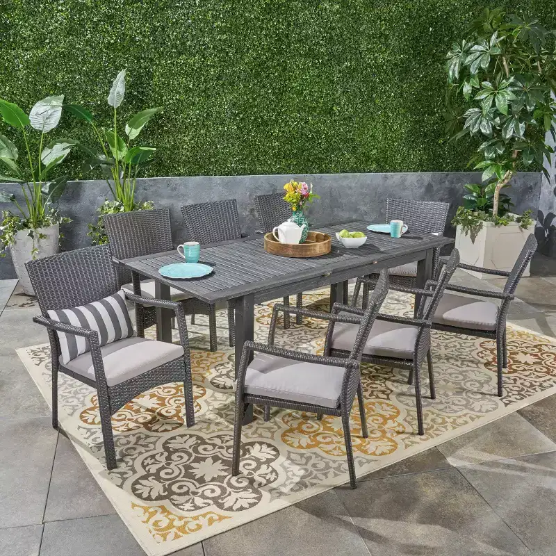 Davenport 9pc Wood and Wicker Expandable Dining Set Dark Gray/Gray - Christopher Knight Home