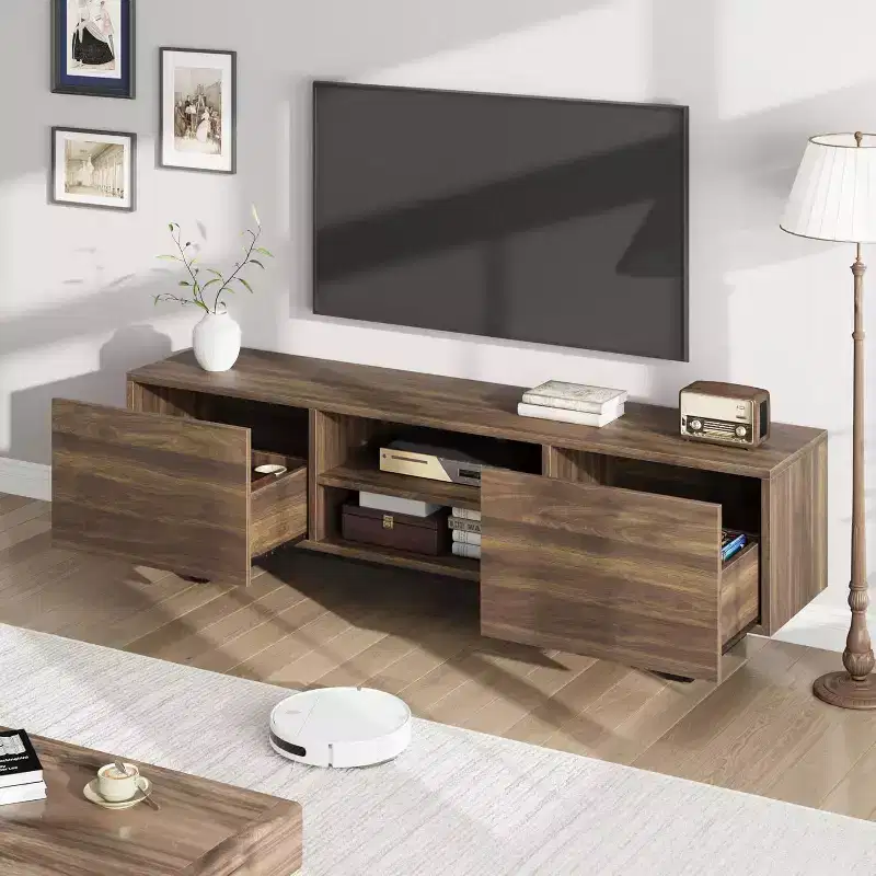 75 Inch Industrial TV Stand with 2 Drawers, Heavy Duty Wooden Media Console for Living Room & Bedroom