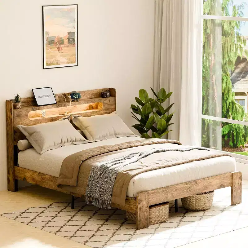 King Size Bed Frame with Headboard, LED Light, Durable Wooden Frame, No Noise, Rustic Brown (Arc Edge Rectangular Slot)