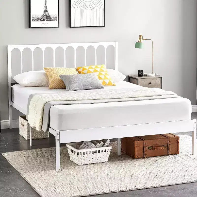 Queen Size White Metal Bed Frame with Wave Headboard, Platform Bed with 2 Storage Drawers and Underbed Space, No Box Spring Needed Easy Assembly