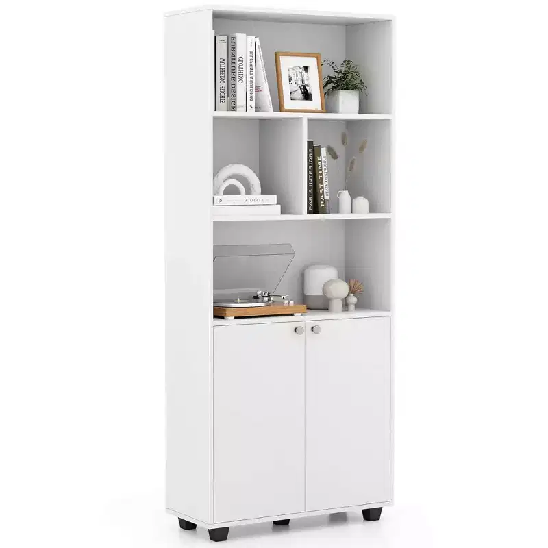 Costway 66 Tall Home 5 Tier Free Standing Bookshelf 2-Door Storage Cabinet Display Rack