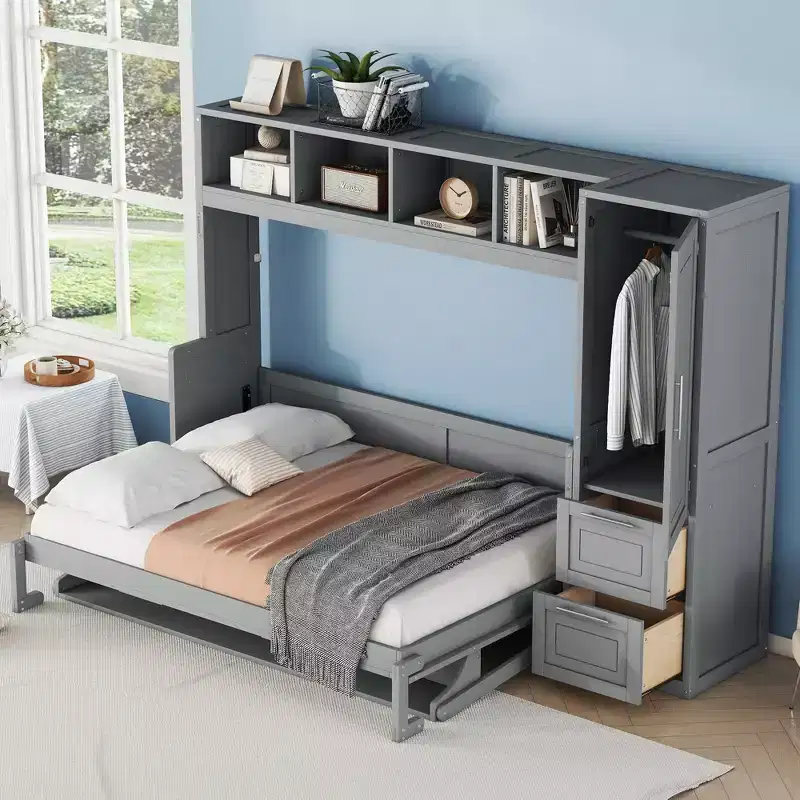 Evans Murphy Bed Wall Bed with Closet and Drawers, Queen Size