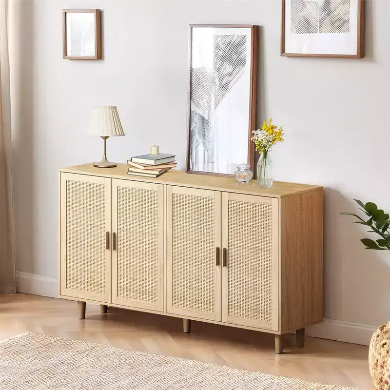 62.20Elegant and Functional 4-Door Rattan Decorative Storage Cabinet, Sideboard Buffet Cabinet, for Bedroom,Living Room,Office,Easy Assembly,Black