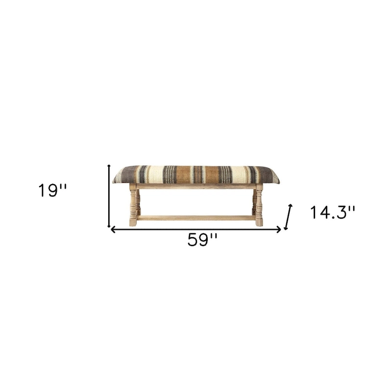 HomeRoots 59 Beige and Gray and Brown Upholstered Jute Striped Bench - 59