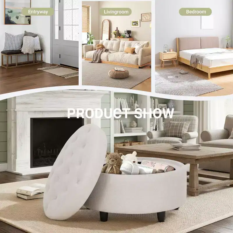 3-in-1 Round Fabric Storage Ottoman  25x25 Reversible Tray Lid, Footrest & Small Coffee Table with Hidden Storage