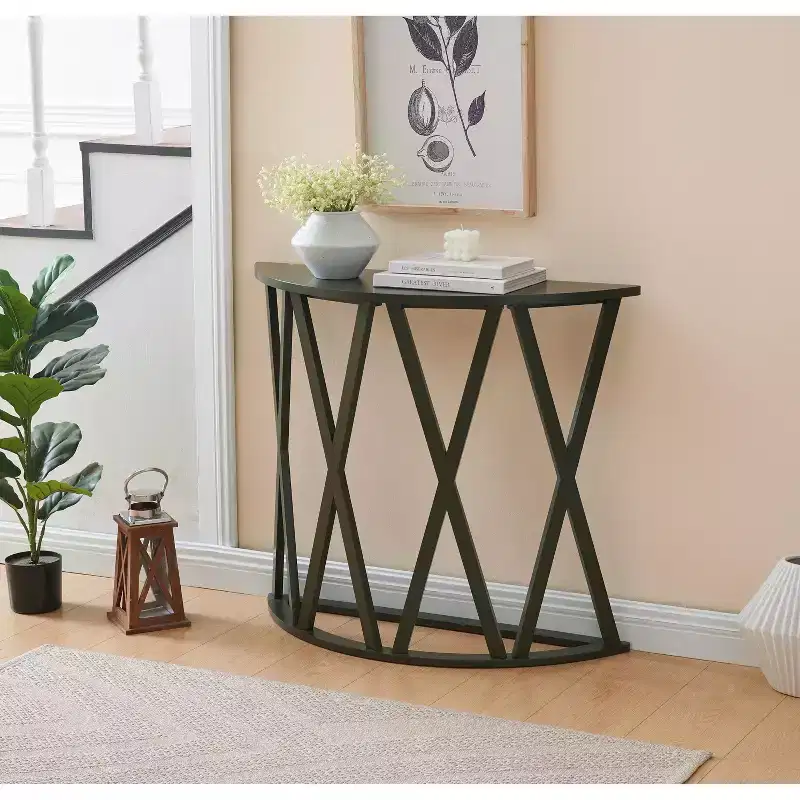 Vienna Half Moon Console Table with X-Motif Design - Avocado Green
