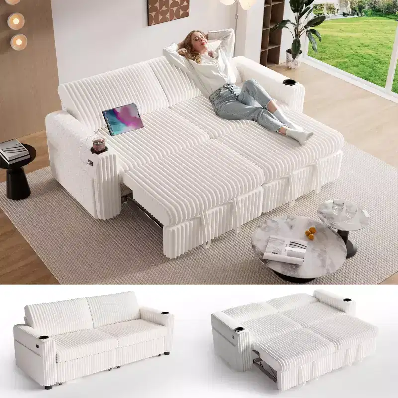 Dyonery 91 Sectional Sleeper Sofa Bed with Pull Out Bed,Reclining Backrest/Two Pull Out Beds/USB Ports/Cup Holders, Plush Corduroy