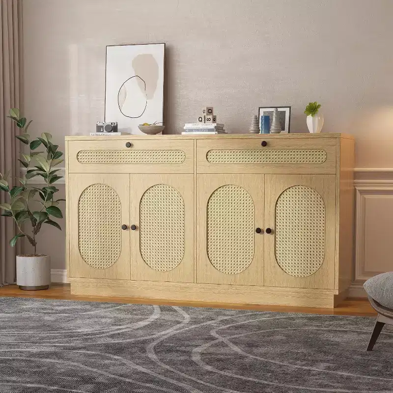 Coffee Bar Cabinet with Rattan Door Design, 60'' Buffet Cabinet with Storage, Sideboard Cabinet Featuring Adjustable 3-Level Shelves for Home