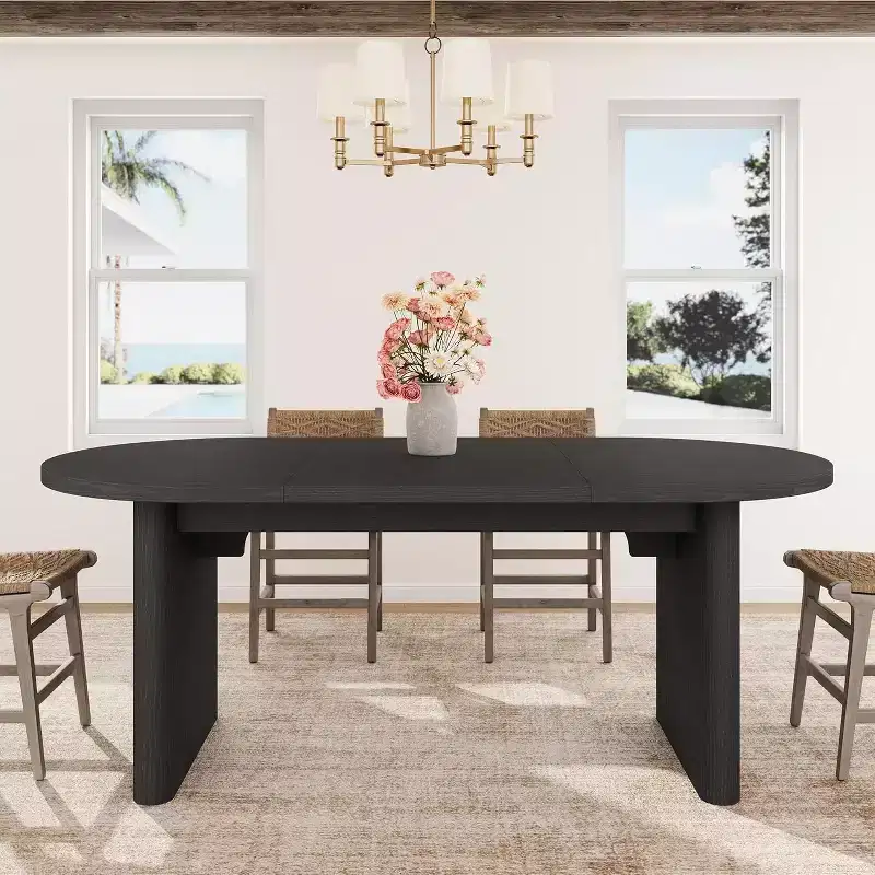 Coolmee 70.8 Oval Farmhouse Dining Table for 6-8 People, Kitchen Table with Thick Wooden Base for Apartments & Family Meals