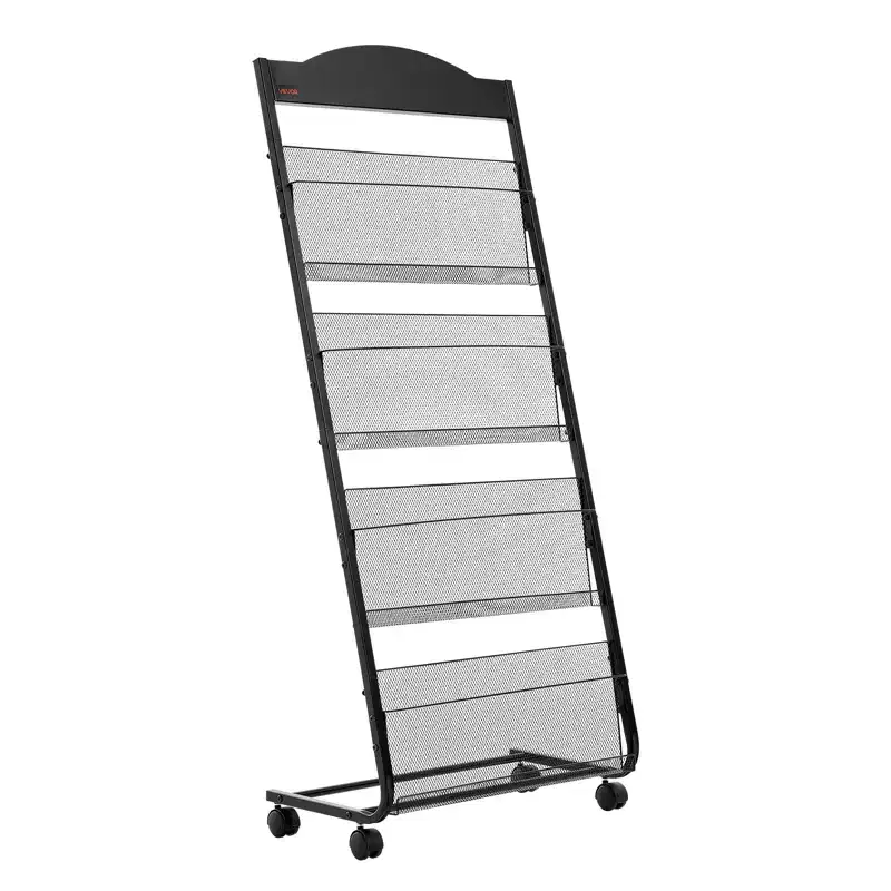 Brochure Display Rack, 4-Tier Magazine Literature Display Stand with Wheels, Movable Floor Standing Magazine Rack, Black