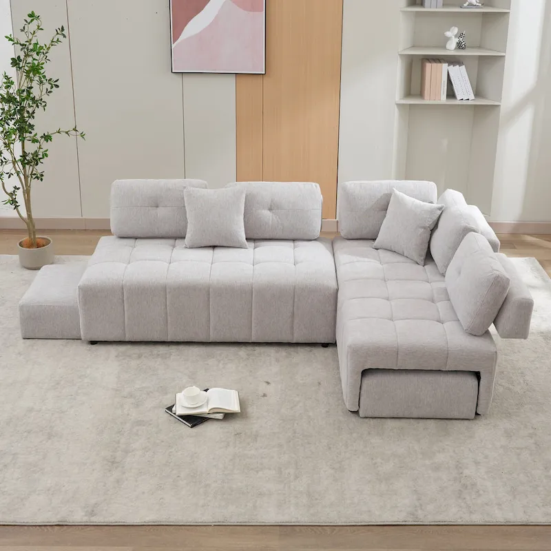 91.73 L-Shaped 4-Seat Sectional Sofa with 2 Hidden Stools, 2 Removable Lumbar Cushions, and Durable Chenille Fabric