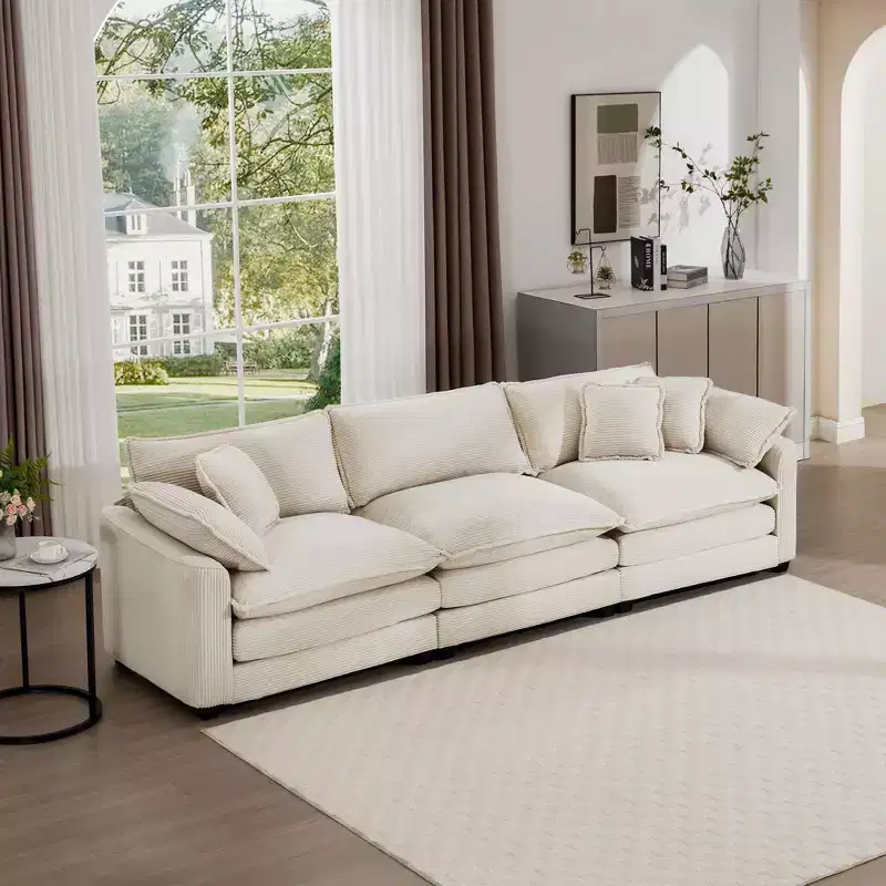 Mid-Century Modern Sofa 3-Seater Sectional Sofa with 2 Arm Pillows and 3 Throw Pillows, Light Beige Corduroy Fabric