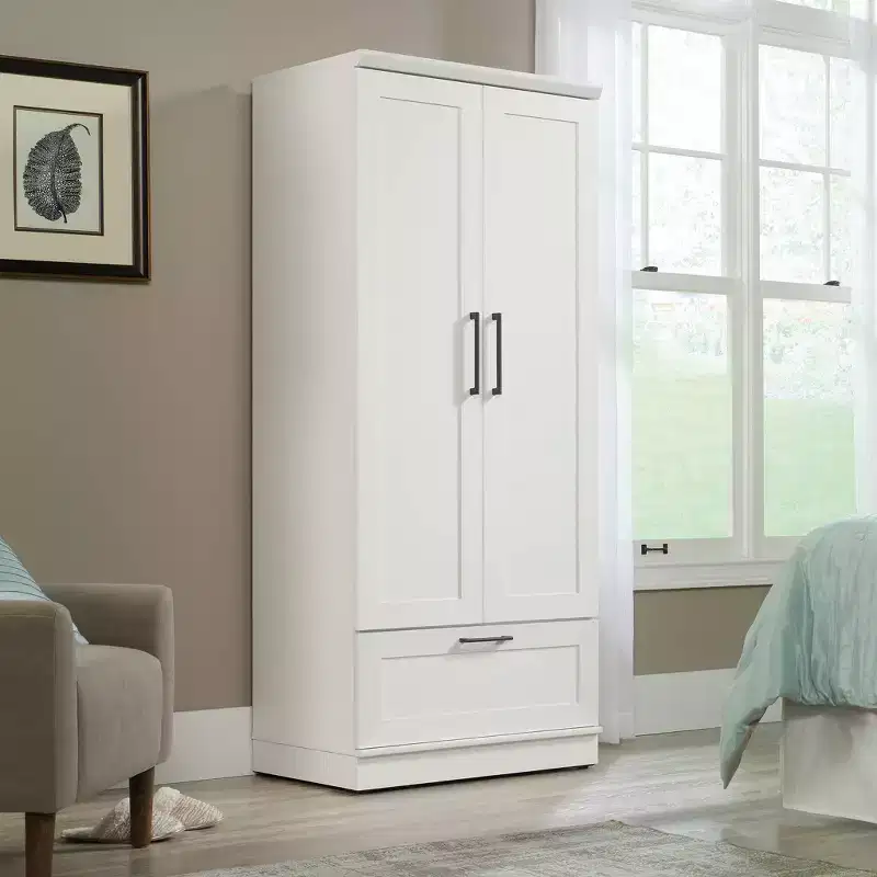 2-Door Armoire Wardrobe Soft White MDF with Drawers and Metal Hardware