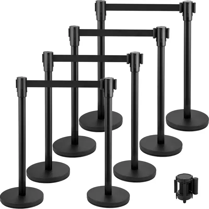 Crowd Control Stanchion with 6.6 ft/2 m Black Retractable Belt, Black Crowd Control Barrier, Black
