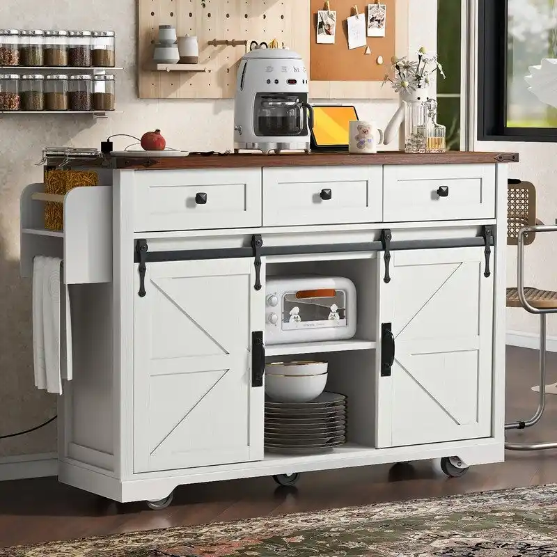 Farmhouse Kitchen Island with Power Outlet, Rolling Kitchen Cart with Drop Leaf
