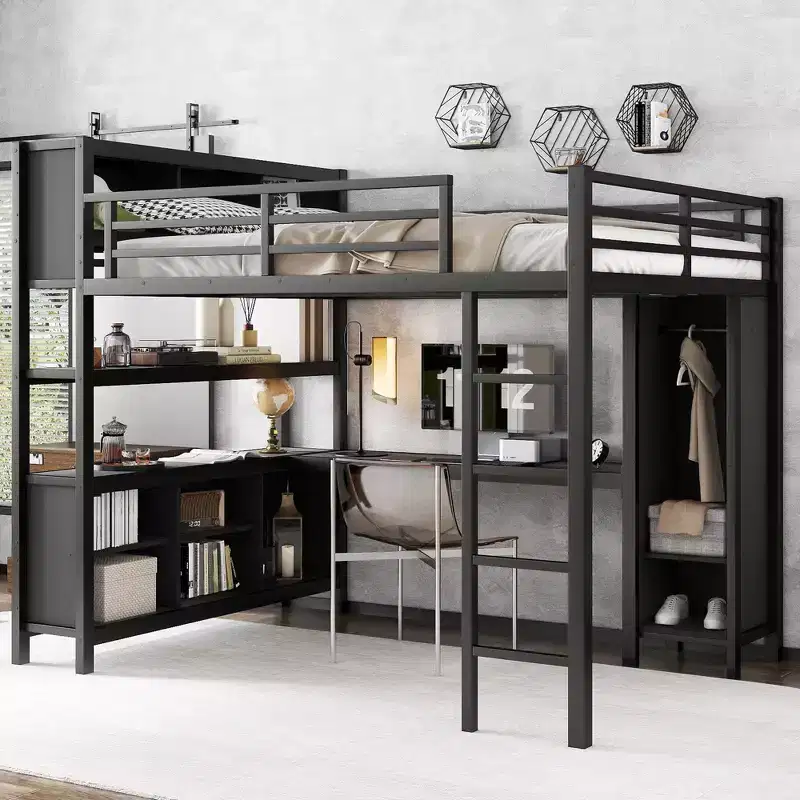 Full/Queen Size Metal Loft Bed with Wardrobe and L-Shaped Desk, Heavy-Duty Loft Bed with Storage Cubes and Shelves, White/Black - ModernLuxe