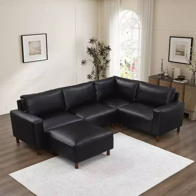 GDFStudio Turner Modern Faux Leather Upholstered Sectional Sofa with Solid Wood Legs