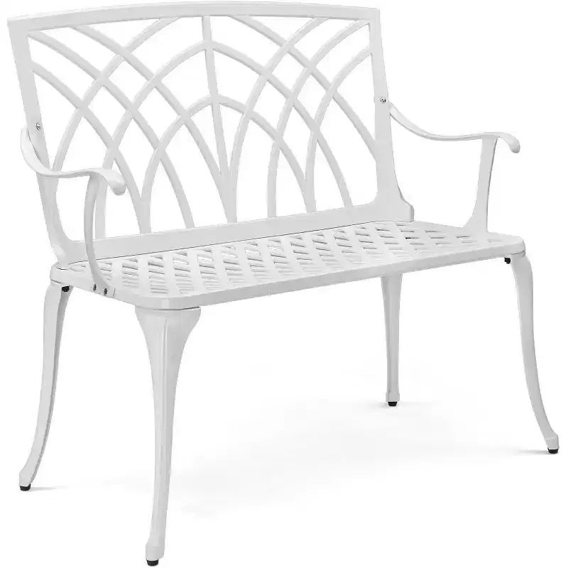 VINGLI 38 Outdoor Bench Cast Aluminium Garden Bench, White Orchid Patio Bench, Porch Bench for 1-2 Person Seat