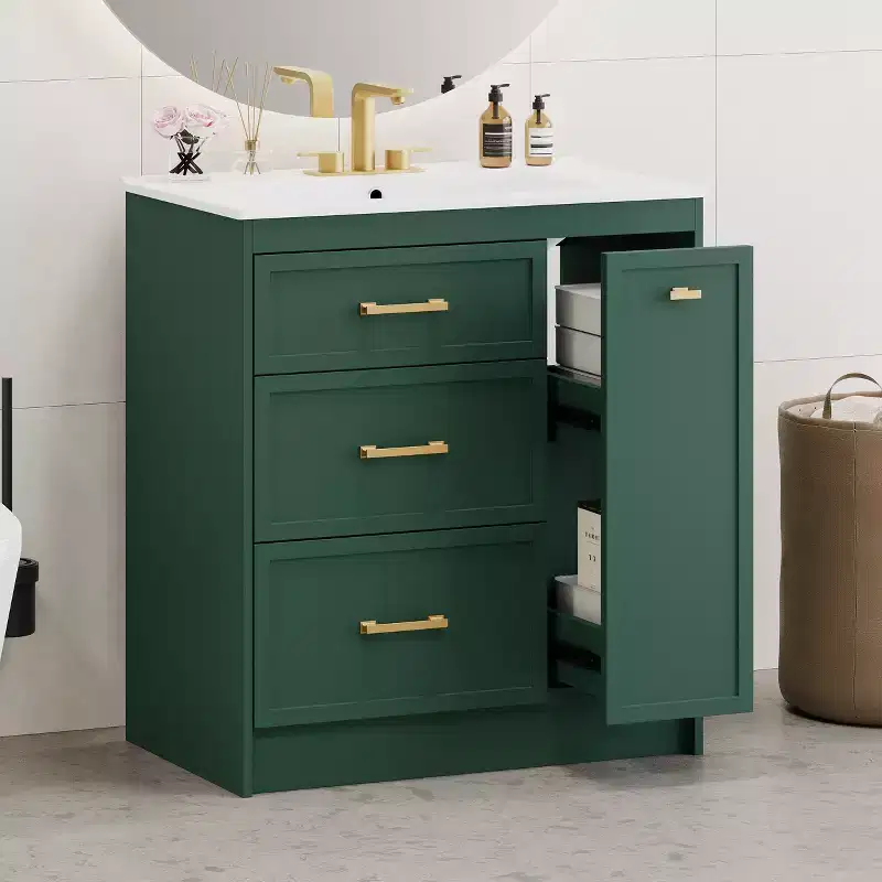 30 in Small Bathroom Vanity Sink Combo with Storage, Floor Cabinet with Drawers, Forest Green, 30x18.3x34 in