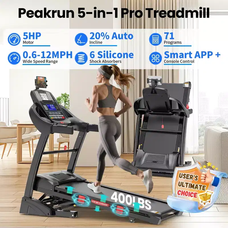 5HP Foldable Treadmill for Home w/ 20% Auto Incline,400lb Capacity, 12MPH Portable Running Walking Treadmill,71 Programs, Personalized Workout w/ APP