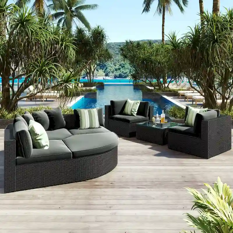 7 Pieces Outdoor Wicker Reversible Patio Sectional with Table, Cushions, and Pillows - 94.1 x 94.1