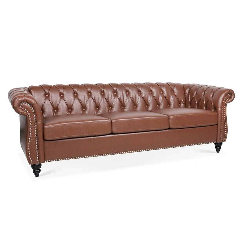 Classically Elegant 84.65 Three-Seater Rolled Arm Chesterfield Sofa in PU Leather - Sturdy Birch Legs, Soft Upholstery