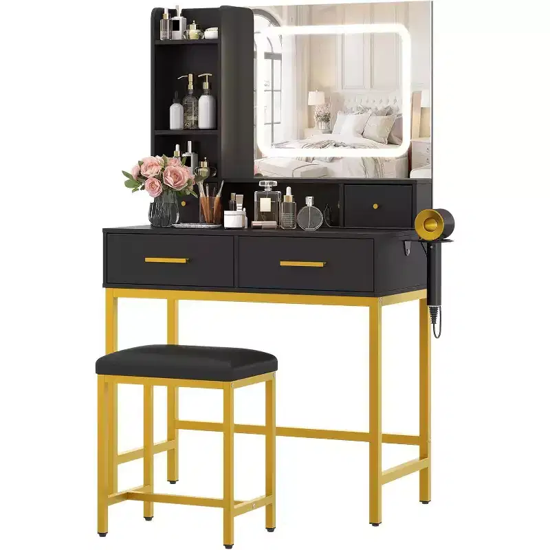 Makeup Vanity Desk with LED Mirror, 3 Lighting Modes, Power Outlet, 4 Drawers, Storage Shelves & Chair for Bedroom Living Room, Black