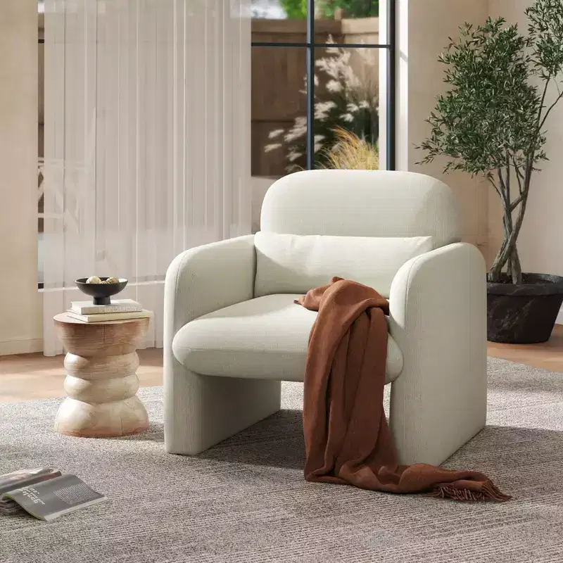 Modern Upholstered Barrel Armchair, Cream White