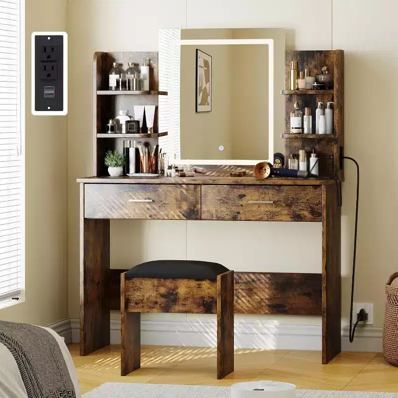 Vanity Desk with Lighted Mirror, Stool, Power Outlet, 6 Shelves, 2 Large Drawers, 3-Color Adjustable LED, Makeup Vanity for Bedroom