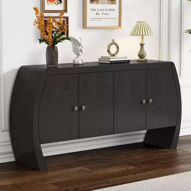 GDFStudio Oscar 4-Door Ash Veneer Storage Cabinet with Curved Legs and Adjustable Shelves