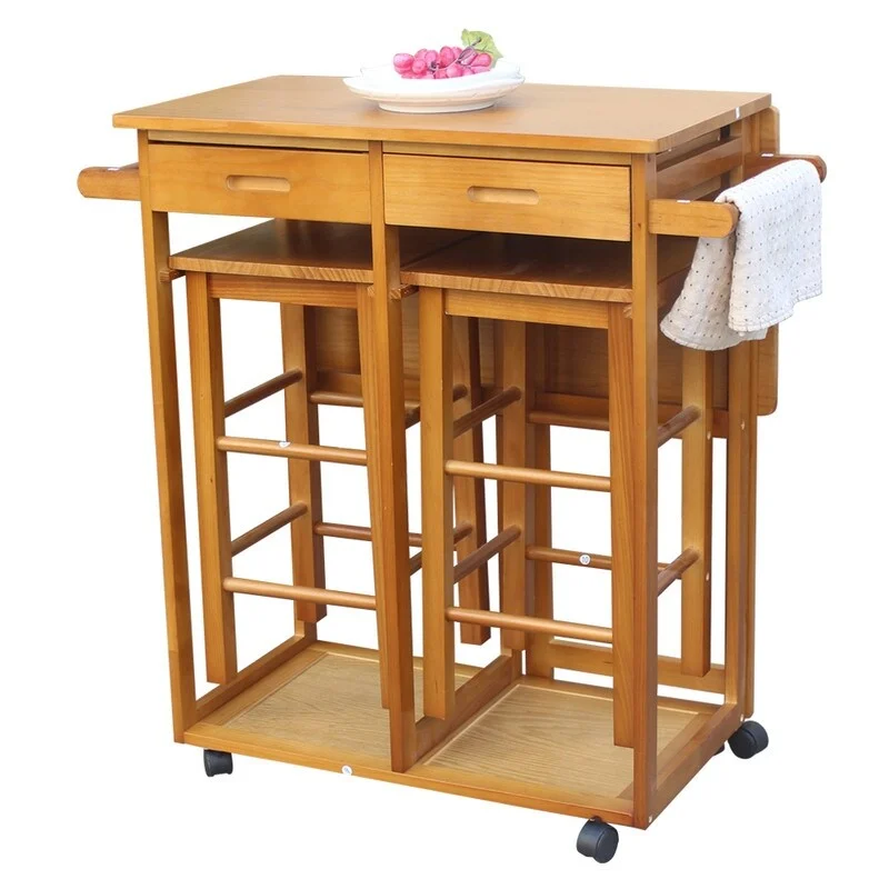 Square Solid Wood Folding Dining Kitchen Cart with 2 Free Stools Brown