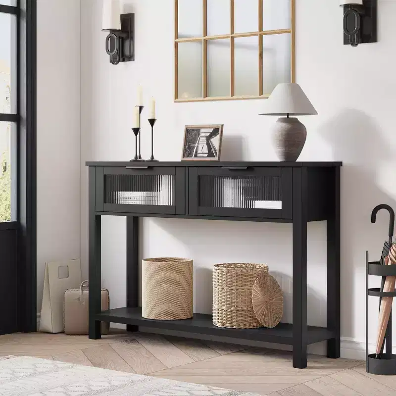 Wood Console Table  2-Tier Entryway Sofa Table with 2 Glass Drawers for Living Room/Foyer