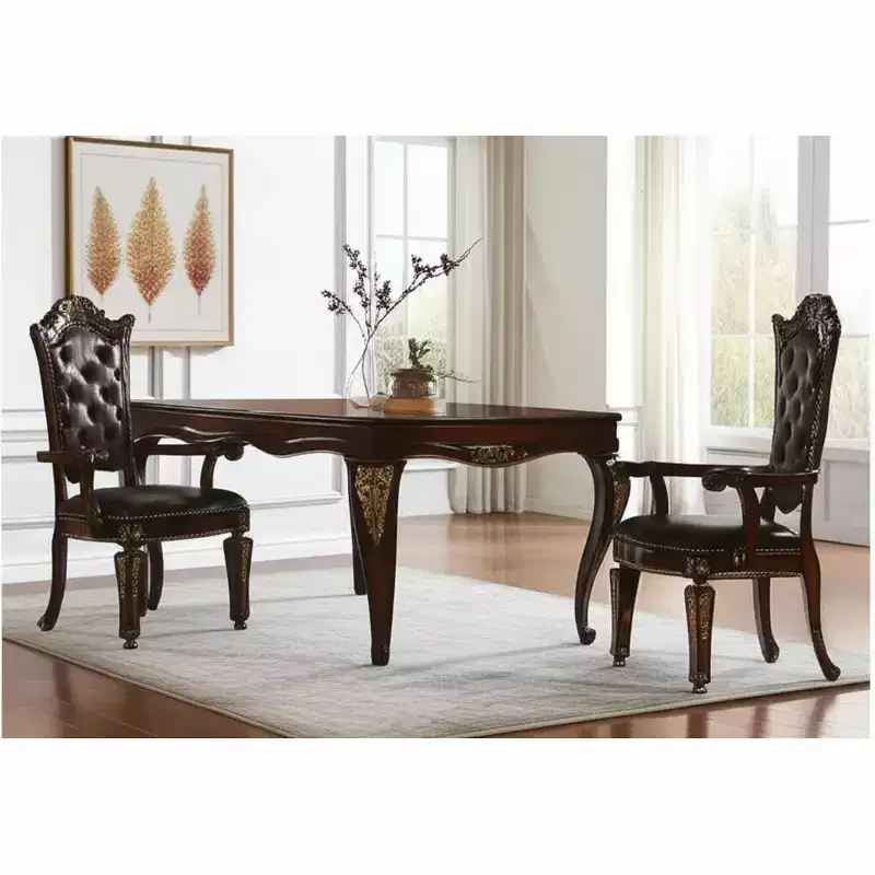 Set of Two Tufted Brown and Redwood Upholstered Faux Leather And Solid Wood Dining Arm Chairs