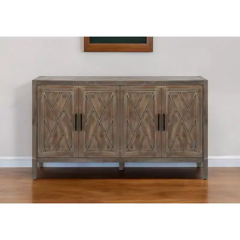 HomeRoots 60 Natural and Brown Distressed Carved Geometric Sideboard with Four Doors