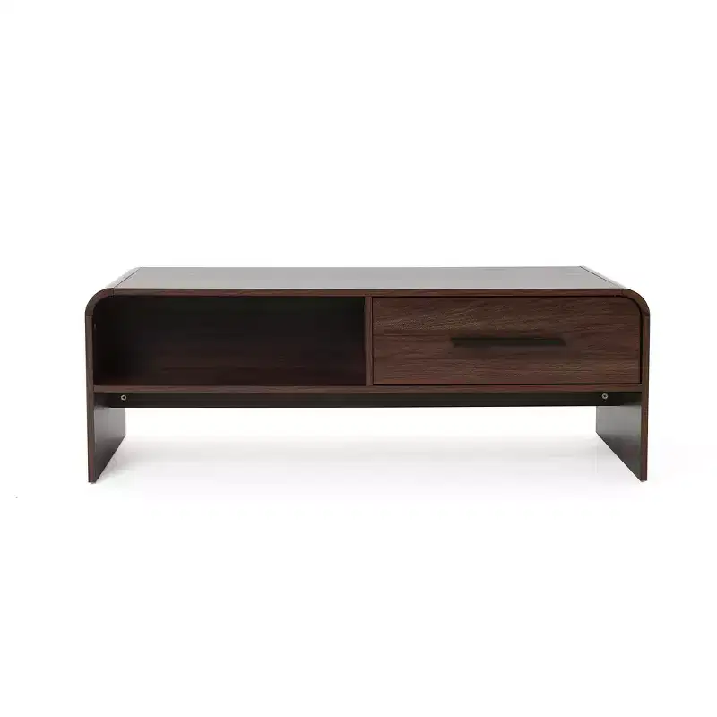 47'' Coffee Table with Storage, Walnut Finish Wood 2-Drawer Open Storage Center Table with Rounded Corners for Living Room Brown