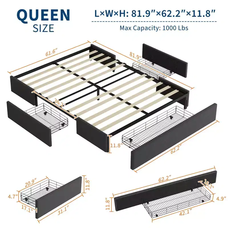Wood Linen Upholstered Bed Frame with No Headboard and 3 Storage Drawers