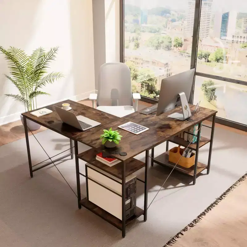 55'L-Shaped Corner Computer Desk With Storage Shelf, 3 Cable Holes